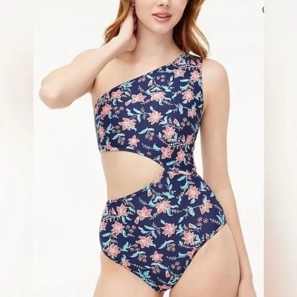 J. Crew Factory Printed One-shoulder Cutout Swimsuit Navy Floral Size Medium - Picture 1 of 14